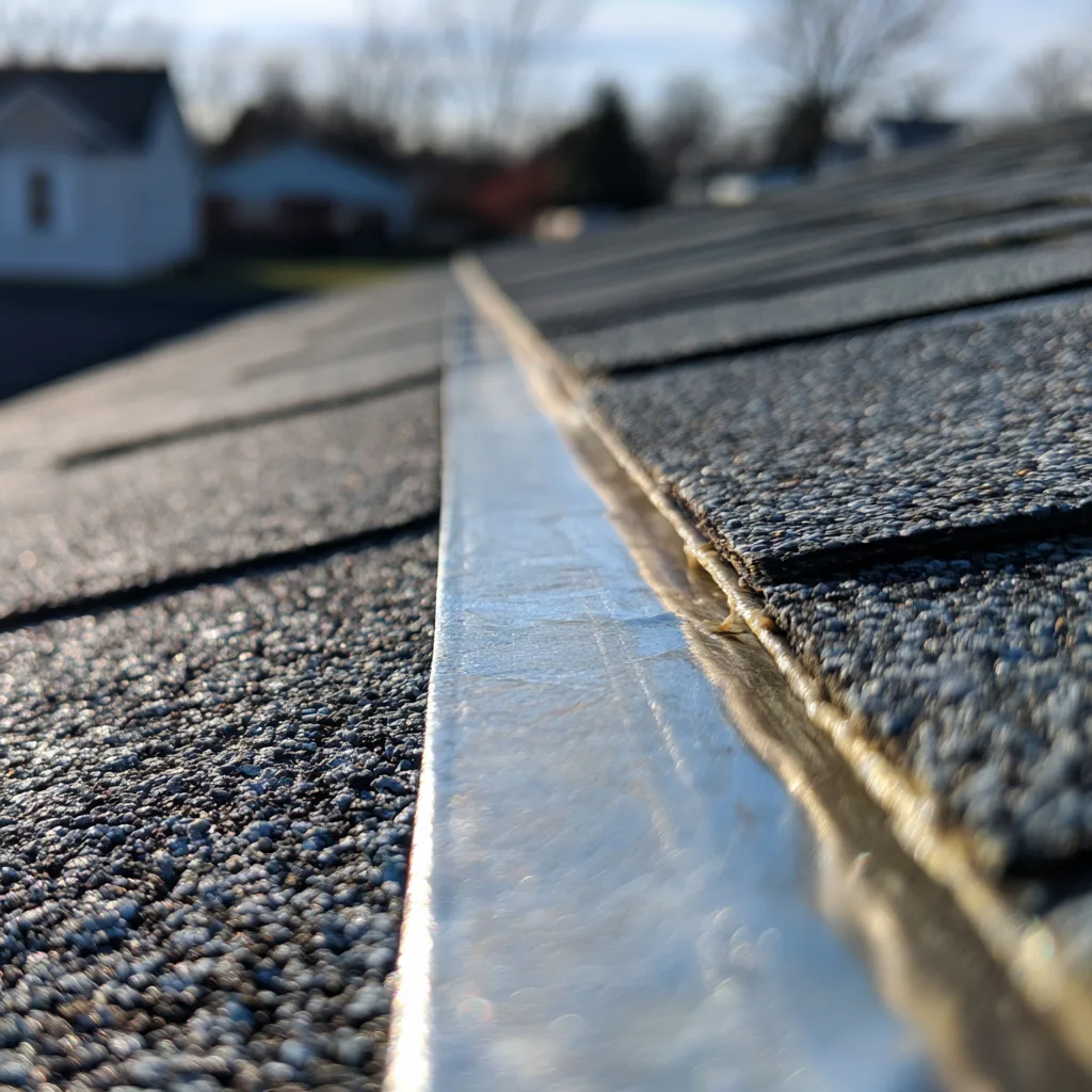 Shiny metal flashing channel running between asphalt shingle courses
